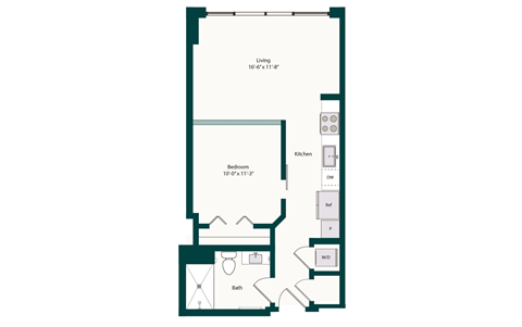 Floor plan for 1 bed, 1 bath, 598 sqft